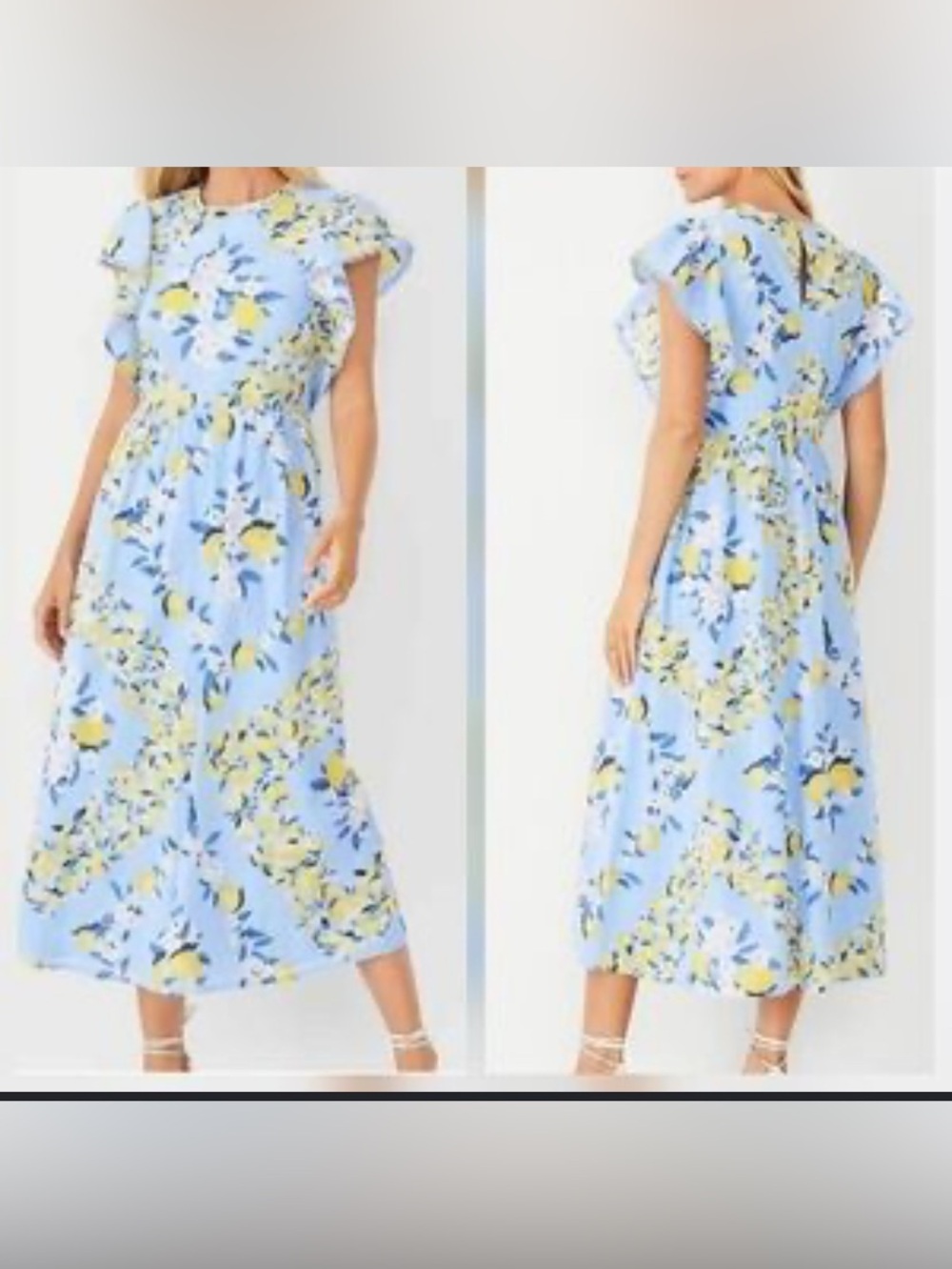 Ann Taylor Floral Flutter-Sleeve Midi Dress Light Blue lemon print size XS